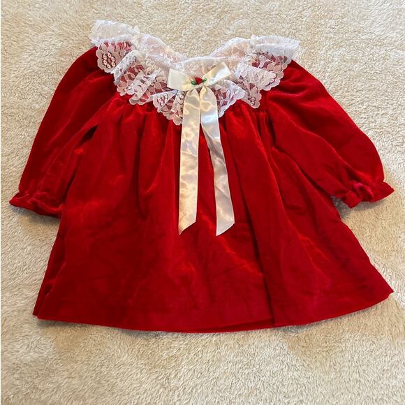 Piccolo Vintage Dress 18 Mos Red Velvet Lace Collar USA Bow Christmas Holiday - Picture 1 of 8
